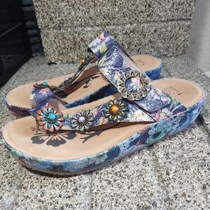 Lartiste Shoes Women 9 Spring Step Leather Rainbow Stitch Floral Boho Artsy